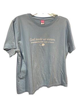 God Made Us Sisters Pharmacology Friends Womens XL T-Shirt LAT Blue 100% Cotton
